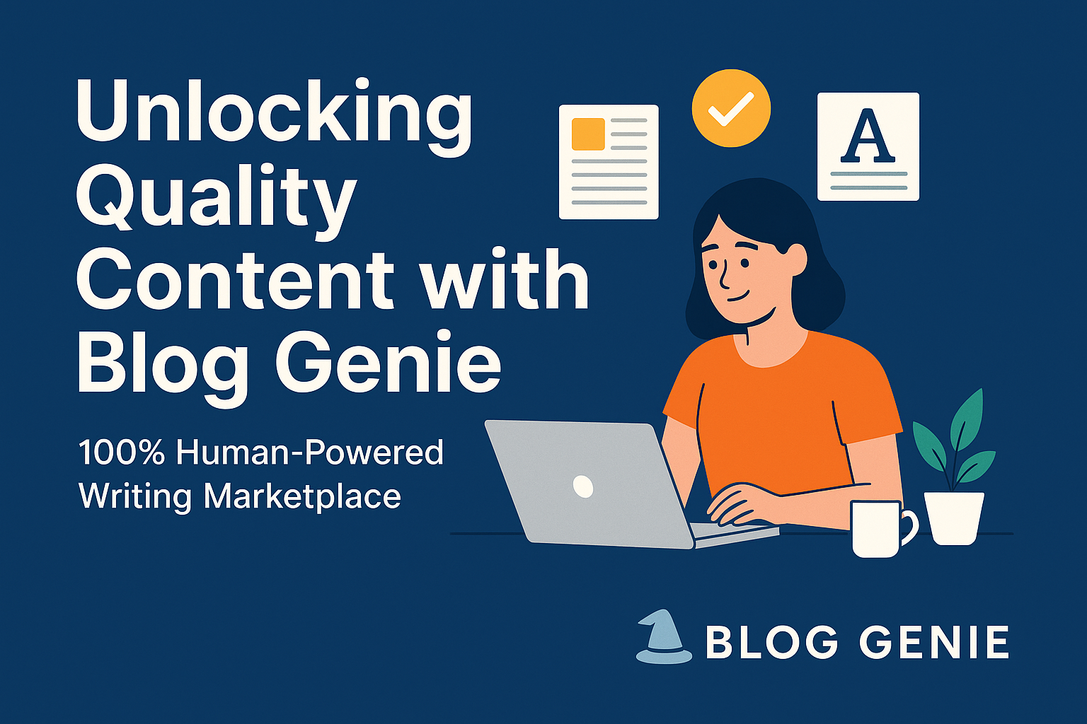 Illustration of a woman working at a laptop with the text "Unlocking Quality Content with Blog Genie &ndash; 100% Human-Powered Writing Marketplace" and icons representing content creation.